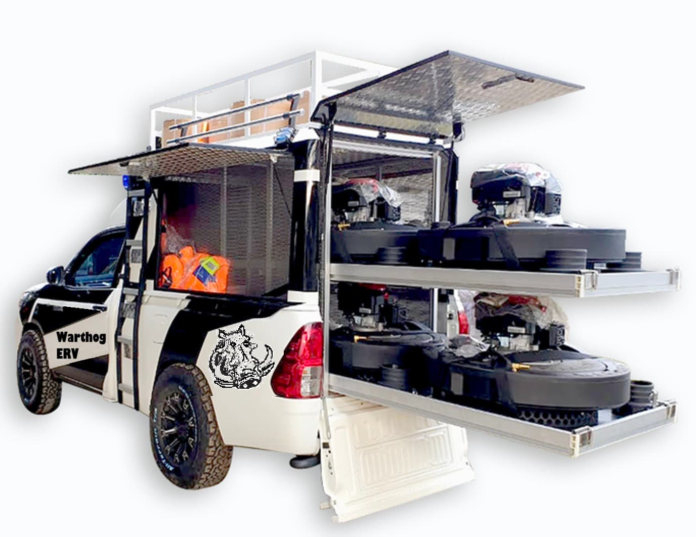 Warthog Emergency Response Vehicle (ERV) pickup truck fitted with roll-out pump racks