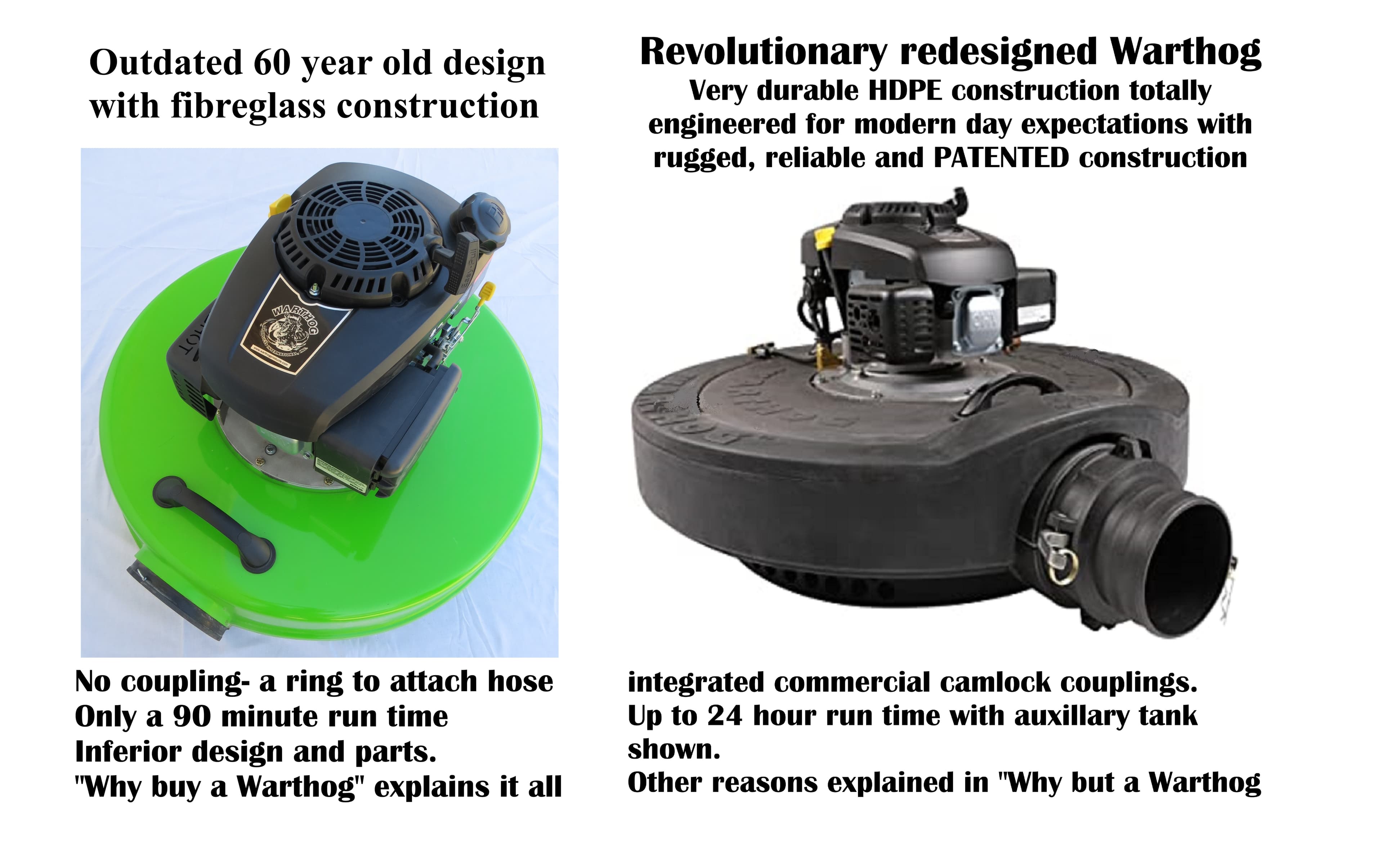 Comparison of the outdated 60 year old fibreglass Warthog pump design against the revolutionary redesigned Warthog pump with HDPE construction